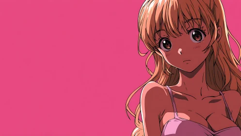 Blonde anime girl in pink top on solid pink background.