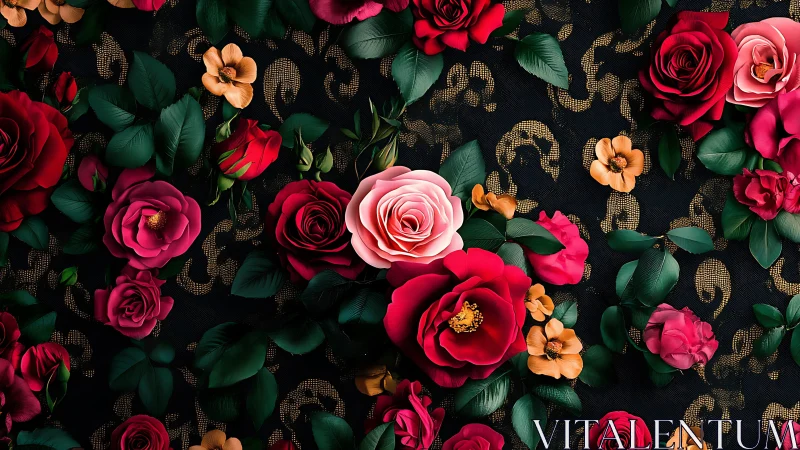 Luxurious Floral Arrangement with Red Roses and Gold Damask