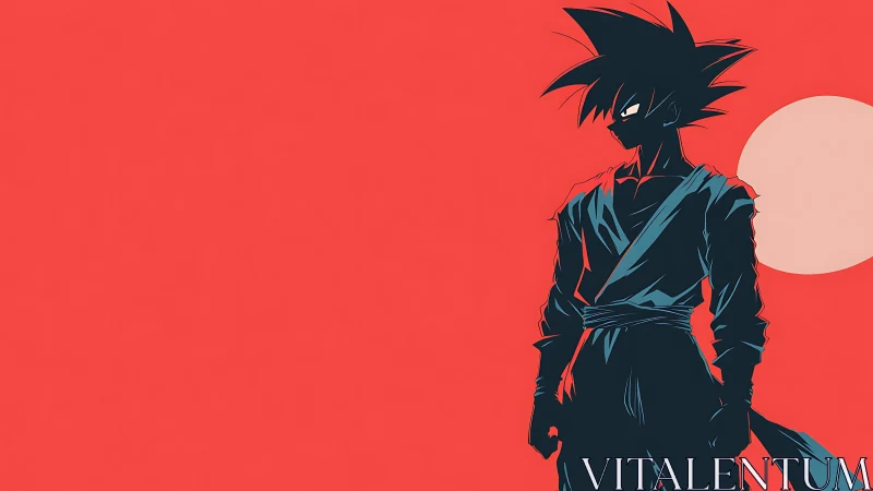 Silhouetted martial figure stands before circular light source