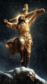 Crucifixion scene on snowy rock under night sky.