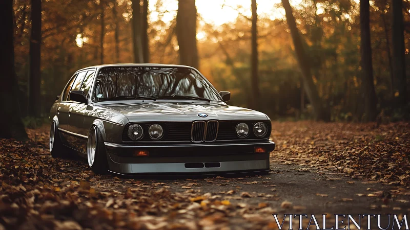 Lowered classic BMW sedan in autumn forest, frontal view.