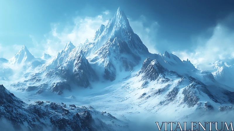 Snow-covered mountain range with central sharp peak in mist.