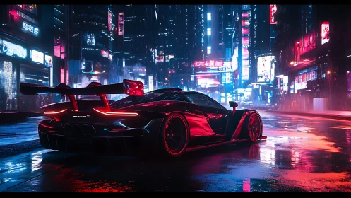 Sleek red supercar glowing in neon soaked city streets.