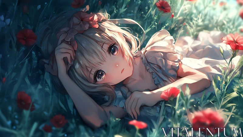 Girl rests in glowing meadow amid soft red wildflowers