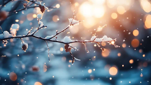 Photorealistic winter branch with snow and warm bokeh glow.