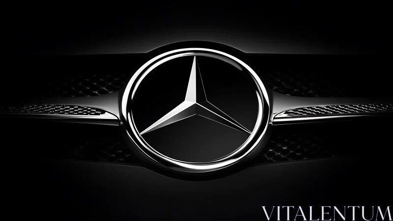 Photorealistic chrome tri-star emblem on black grille composition.