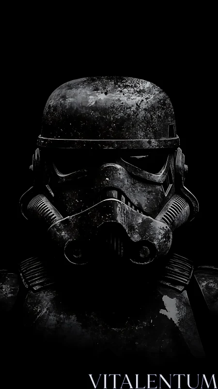 Battleworn sci fi helmet stares out from the galactic dark
