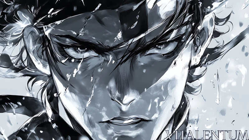 Intense anime-style male face rendered in dynamic grayscale