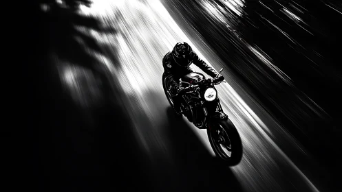 Motorcyclist racing through dark road with strong motion blur.