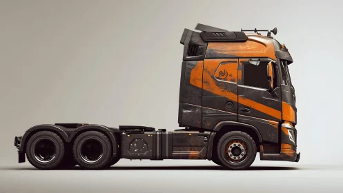Modern orange and black semi truck in grunge style on plain background.