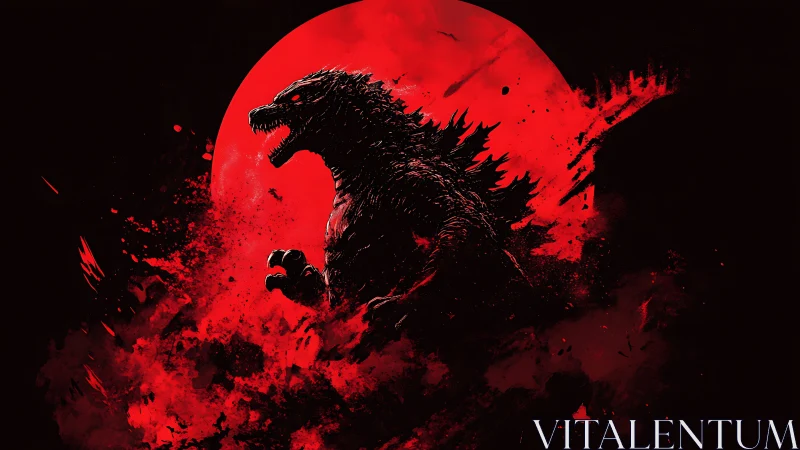 Godzilla silhouette against red moon in dark composition.