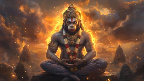 Divine monkey warrior meditating amid fiery temple sky.