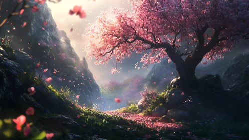Radiant cherry tree illuminates misted canyon with volumetric petals