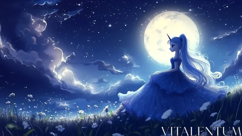 Luminous moonlit unicorn maiden in star-saturated meadow.