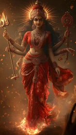 Radiant goddess of fire stepping through swirling embers.