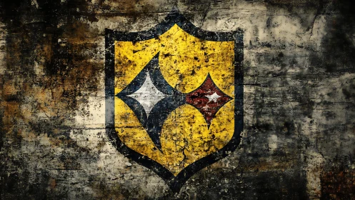 Grunge textured shield emblem on distressed concrete wall.