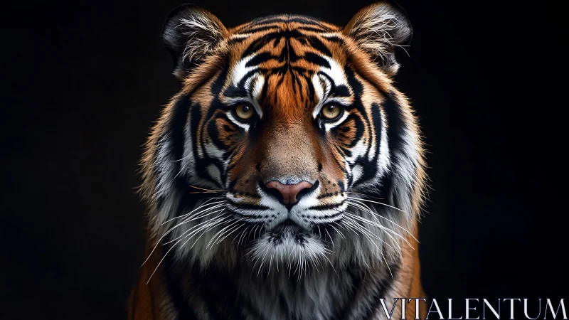 Regal tiger portrait occupies dark frame with piercing gaze