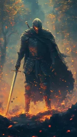 Ember-eyed knight strides from molten dusk like quiet doom