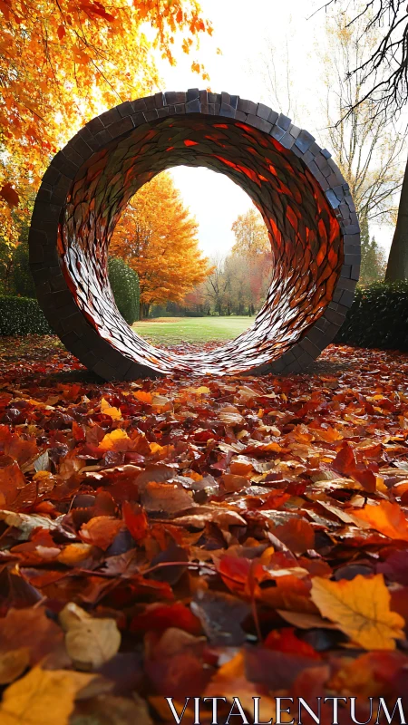 Circular metal sculpture framed by bright autumn foliage.