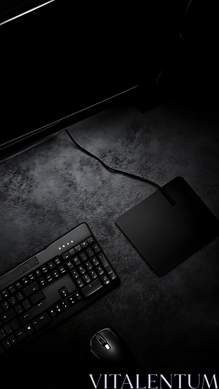 Computer keyboard, mouse and pad on dark textured desk