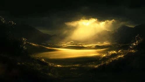 Golden light over tranquil valley lake at dusk.