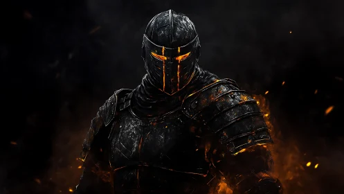 Molten embers armored knight in charred plate amid darkness