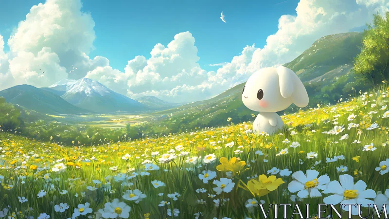 Soft bunny daydreams quietly across a sunlit flower sea