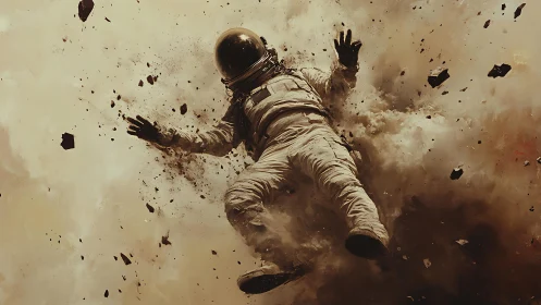 Solitary astronaut drifting through a storm of shattered dust.