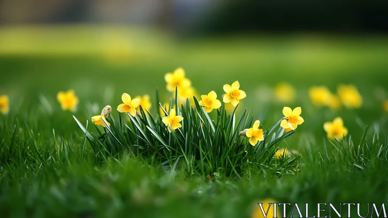 Yellow Daffodils in Spring Meadow Captured with Shallow Depth