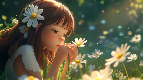 Young girl in sunlit daisy field rendered in soft digital light