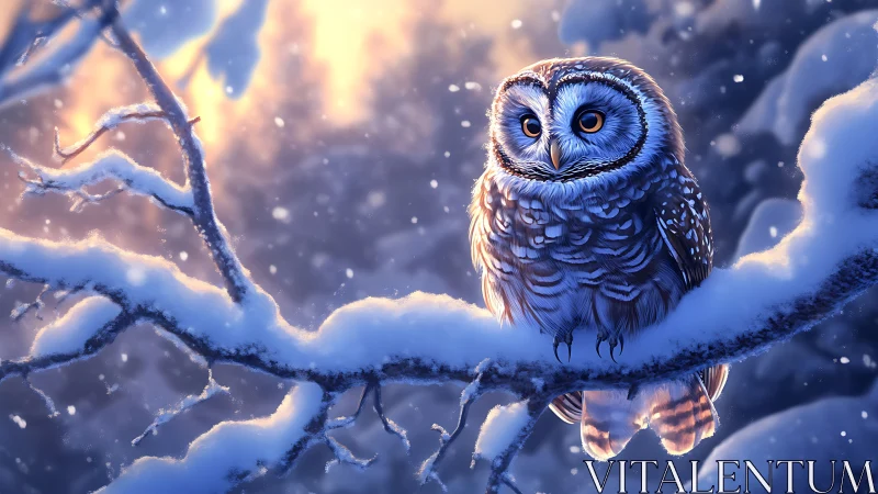 Realistic owl perched on snowy branch at dusk, serene winter scene.