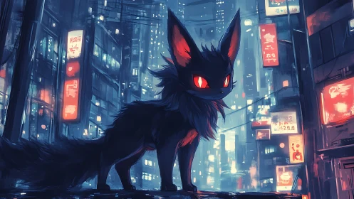 Black fox-like creature stands in neon-lit night city