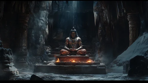 Meditating deity in icy cave temple with glowing altar fires