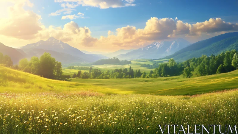 Radiant alpine valley with atmospheric depth and floral foreground.