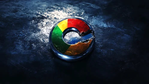 Chromatic metallic ring emblem on textured dark surface.
