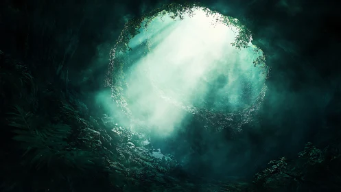 Sunlight penetrates circular forest cave opening from above