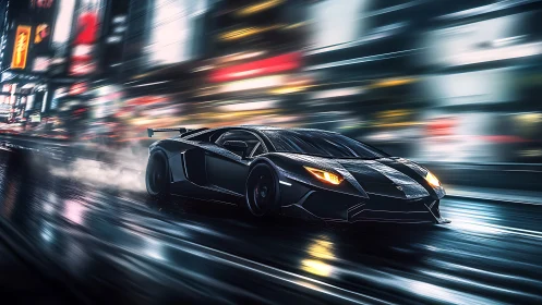 Aerodynamic hypercar slicing through neon urban rainfields.