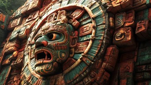 Mayan stone mask relief with weathered turquoise details.