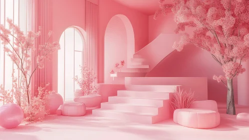 Dreamy pink interior garden invites calm steps and soft light
