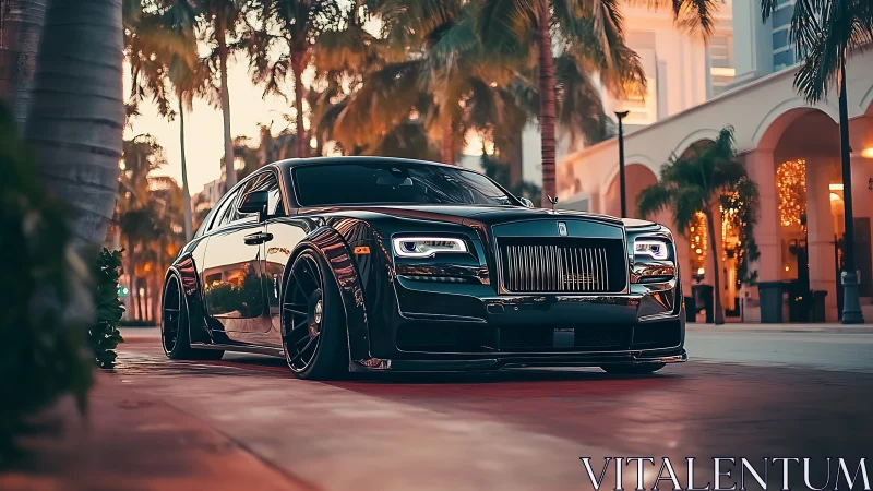 Low-slung black luxury sedan under warm palm lights at dusk.