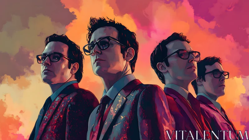 Four suited men with glasses stand before vivid sunset sky