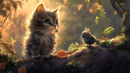 Fluffy Kitten Encountering Small Bird in Golden Hour Forest Setting.