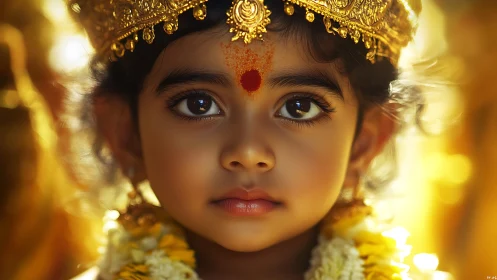 Child goddess portrait under ornate golden crown glow.