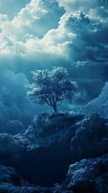 Solitary tree stands on rocky cliff under dense storm clouds