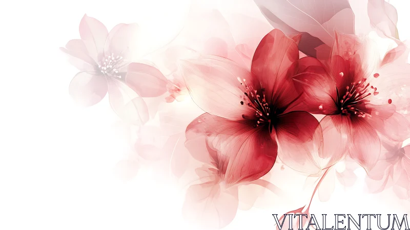 Gradient floral composition with layered botanical subjects rendered in red and pink tones.