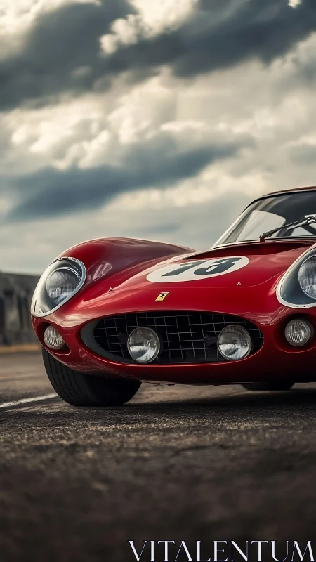 Photorealistic low-angle study of classic red race car front.