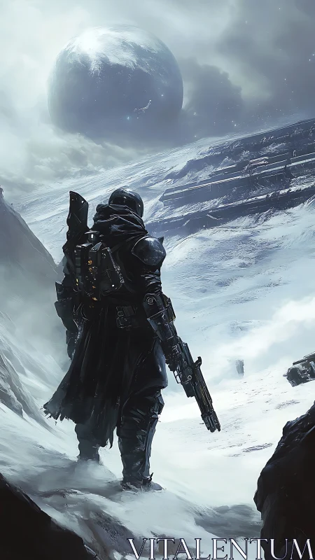 Armored space soldier crossing frozen alien landscape.