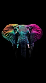 Vibrant neon elephant portrait glows against deep black
