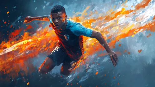Dynamic digital painting of a football player in motion.