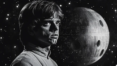 Young space hero framed against looming battle station